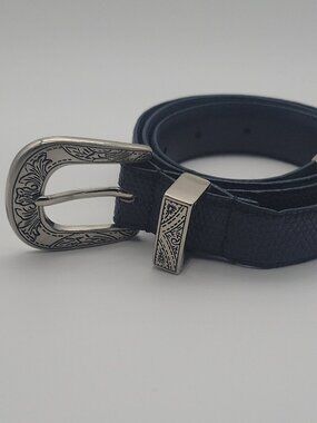 Lee Sands Unisex Blue  Genuine Lizard Belt Adjustable Silver-Tone Buckle 34 1"